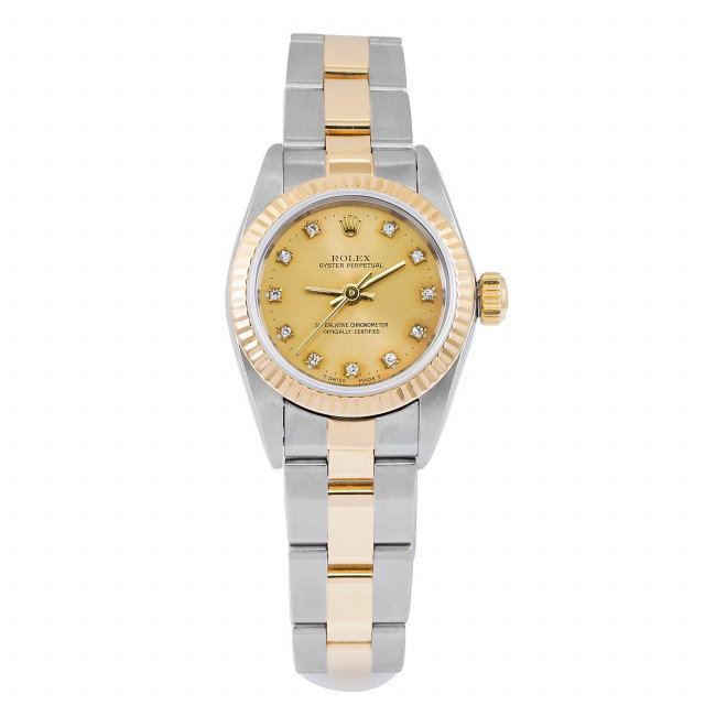 Rolex 67193 Yellow Gold & Steel on Oyster, Fluted Bezel Champagne Diamond Dial